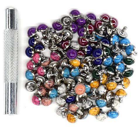 8.5mm ターコイズ風 飾り カシメ リベット 10色 各10個 合計 100個 セット レザークラフト 手芸 (打ち棒付き) 
